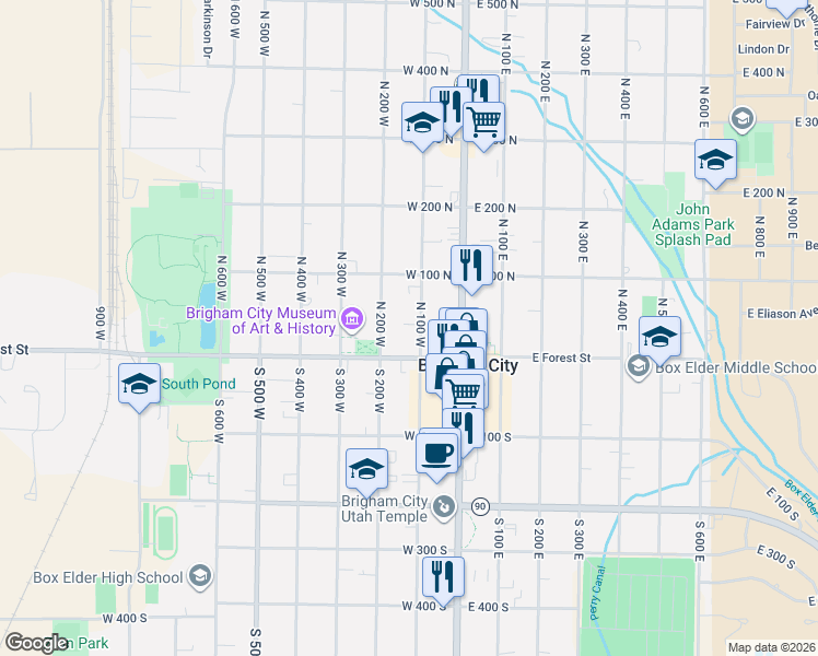 map of restaurants, bars, coffee shops, grocery stores, and more near 18 North 200 West in Brigham City