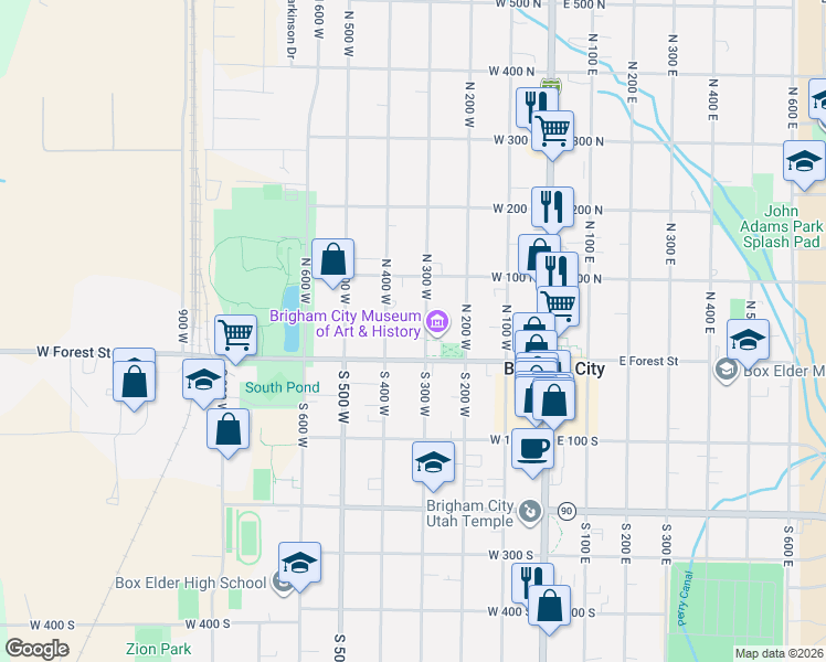 map of restaurants, bars, coffee shops, grocery stores, and more near 16 North 400 West in Brigham City