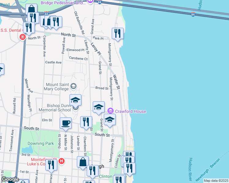map of restaurants, bars, coffee shops, grocery stores, and more near 240 Montgomery Street in Newburgh