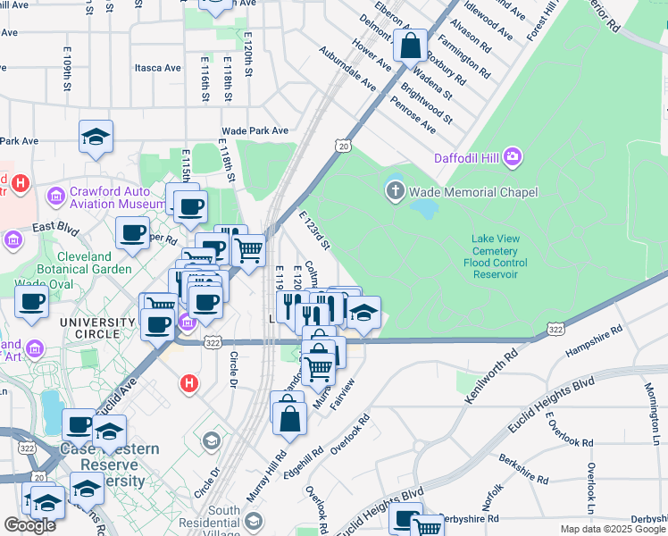 map of restaurants, bars, coffee shops, grocery stores, and more near 1919 East 123rd Street in Cleveland