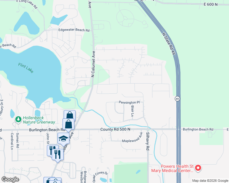 map of restaurants, bars, coffee shops, grocery stores, and more near Pennington Place in Valparaiso
