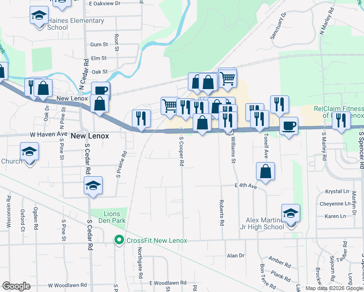 map of restaurants, bars, coffee shops, grocery stores, and more near 130 South Cooper Road in New Lenox