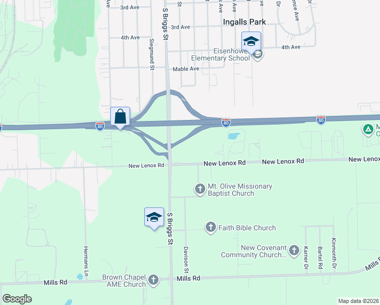map of restaurants, bars, coffee shops, grocery stores, and more near 1615 New Lenox Road in Joliet