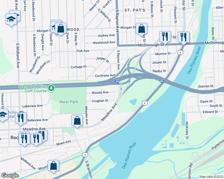 map of restaurants, bars, coffee shops, grocery stores, and more near 806 Woods Avenue in Joliet