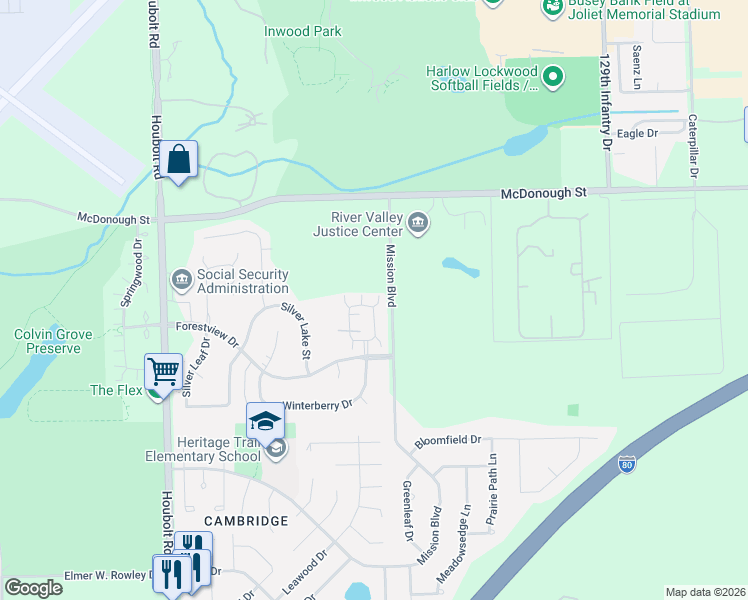 map of restaurants, bars, coffee shops, grocery stores, and more near 590 Spring Leaf Drive in Joliet