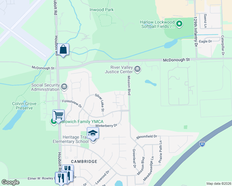 map of restaurants, bars, coffee shops, grocery stores, and more near 594 Berry Ridge Drive in Joliet