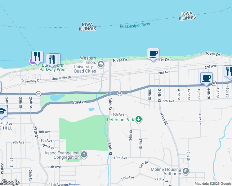 map of restaurants, bars, coffee shops, grocery stores, and more near 3400-3420 4th Avenue in Moline