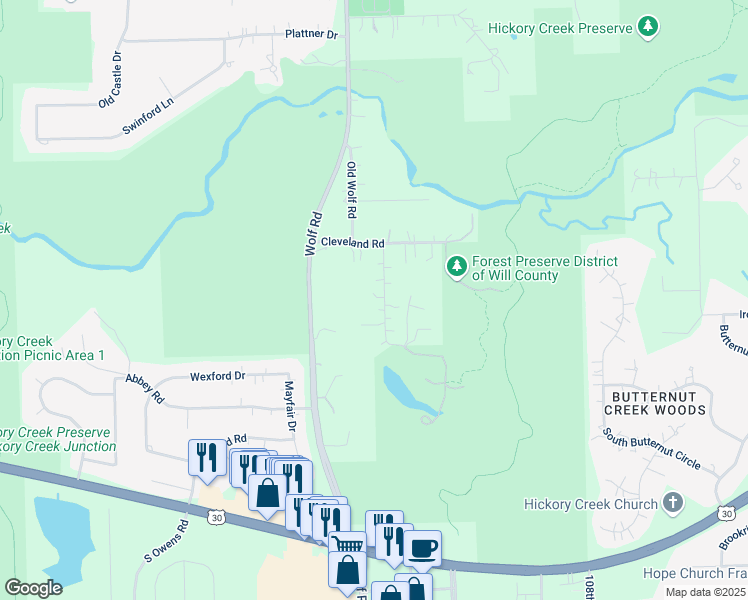 map of restaurants, bars, coffee shops, grocery stores, and more near 20752 Briarwood Lane in Mokena
