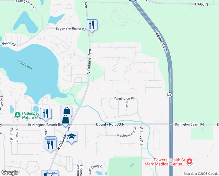 map of restaurants, bars, coffee shops, grocery stores, and more near Pennington Place in Valparaiso