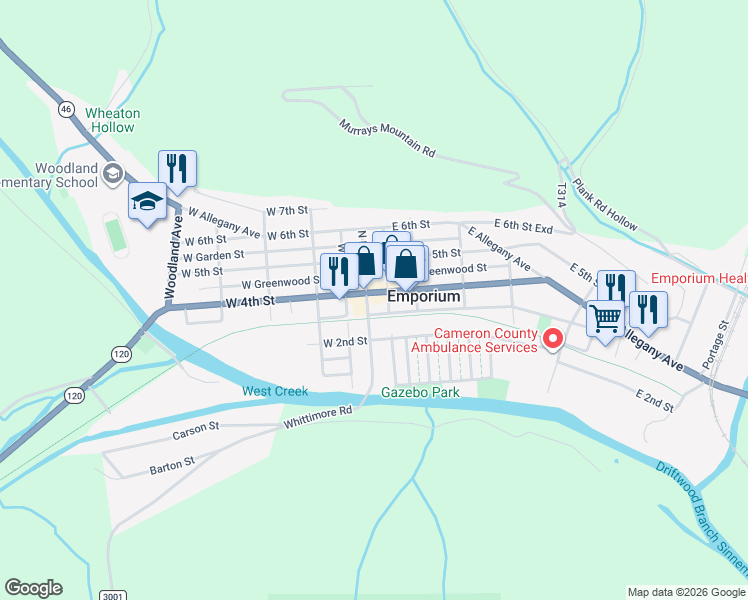 map of restaurants, bars, coffee shops, grocery stores, and more near 31 South Cherry Street in Emporium