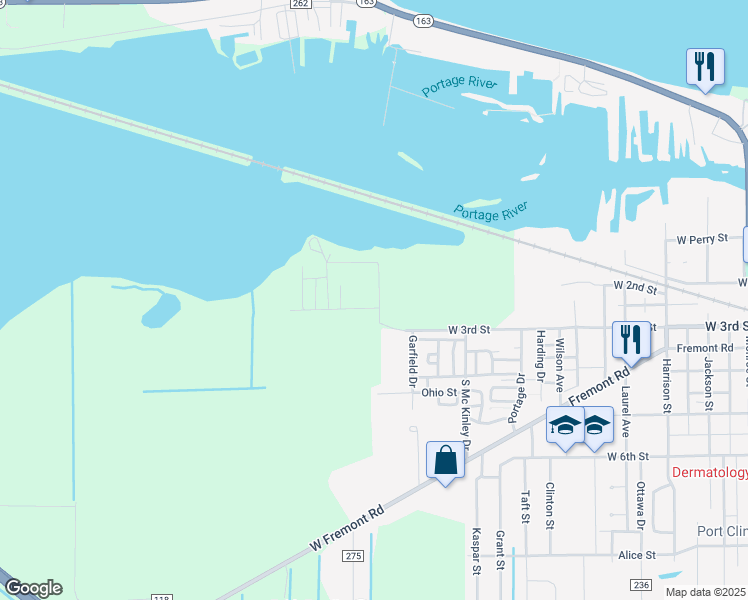 map of restaurants, bars, coffee shops, grocery stores, and more near 218 Rose Lane in Port Clinton