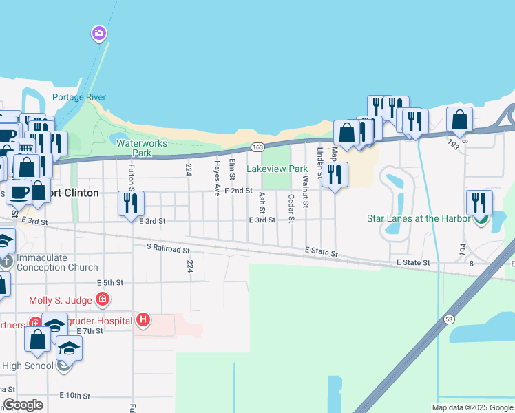 map of restaurants, bars, coffee shops, grocery stores, and more near 1009 E 3rd St in Port Clinton