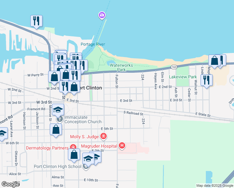 map of restaurants, bars, coffee shops, grocery stores, and more near 216 Fulton Street in Port Clinton