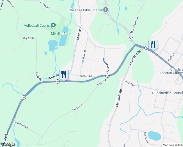 map of restaurants, bars, coffee shops, grocery stores, and more near 1144 Tucker Road in Cheshire