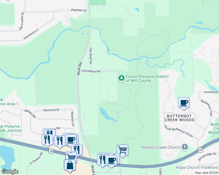 map of restaurants, bars, coffee shops, grocery stores, and more near 20809 Briarwood Lane in Mokena