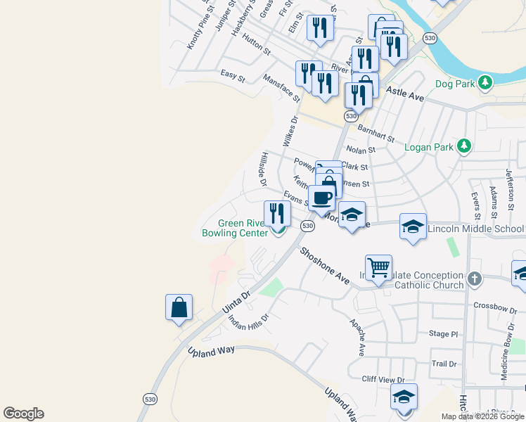 map of restaurants, bars, coffee shops, grocery stores, and more near 1150 Wilkes Drive in Green River