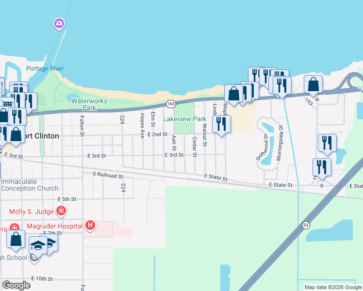 map of restaurants, bars, coffee shops, grocery stores, and more near 1201 East 3rd Street in Port Clinton