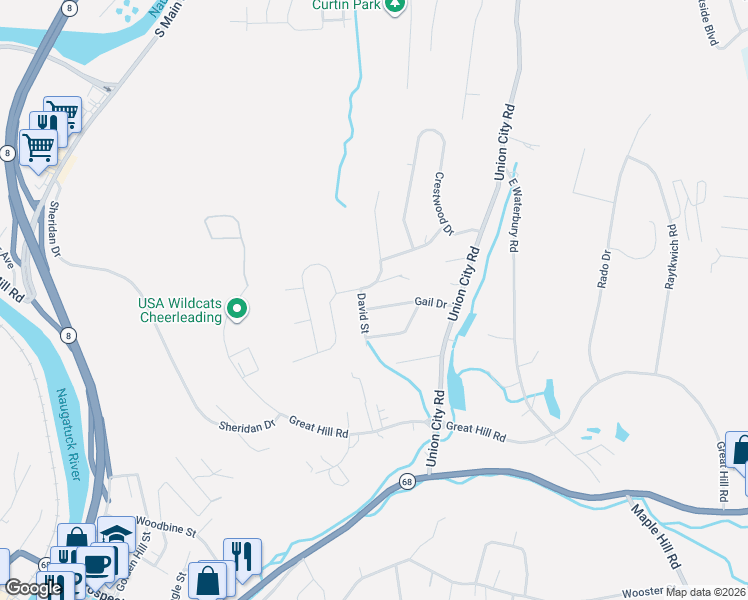 map of restaurants, bars, coffee shops, grocery stores, and more near 84 Gail Drive in Naugatuck