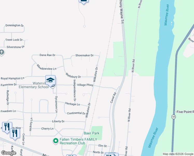map of restaurants, bars, coffee shops, grocery stores, and more near 770 Village Parkway in Waterville