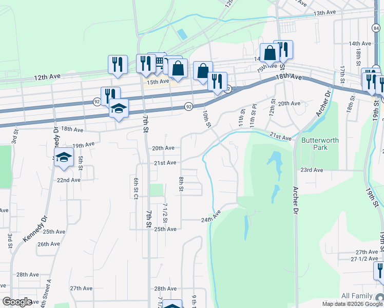 map of restaurants, bars, coffee shops, grocery stores, and more near 843 21st Avenue in East Moline
