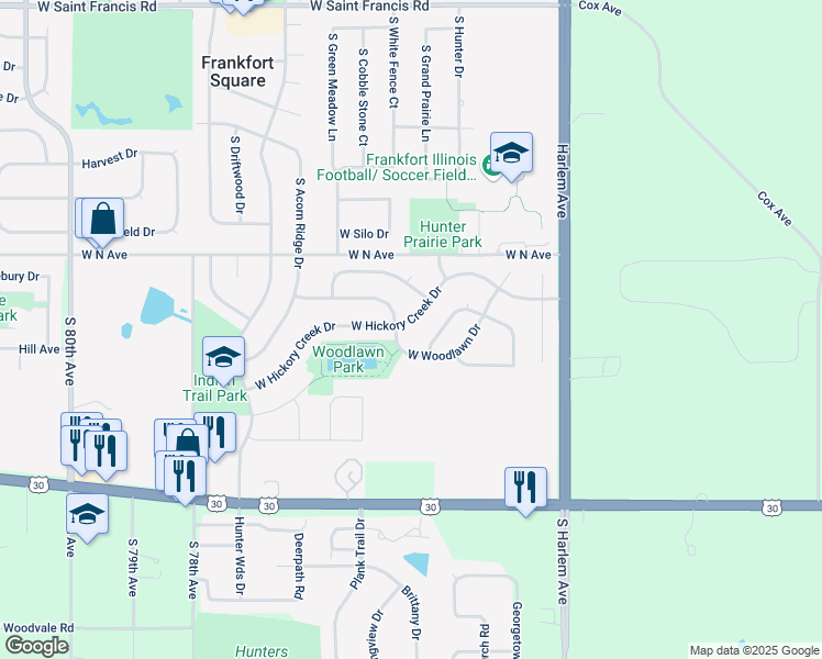 map of restaurants, bars, coffee shops, grocery stores, and more near 7437 West Hickory Creek Drive in Frankfort