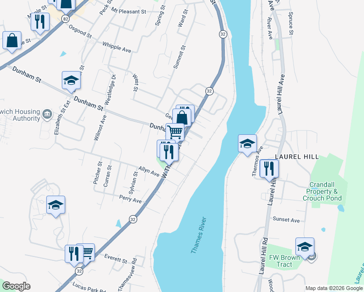 map of restaurants, bars, coffee shops, grocery stores, and more near 244 West Thames Street in Norwich