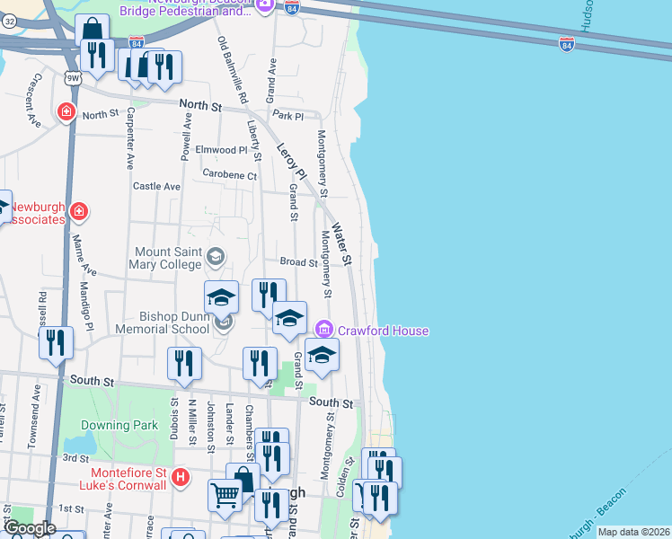 map of restaurants, bars, coffee shops, grocery stores, and more near 240 Montgomery Street in Newburgh