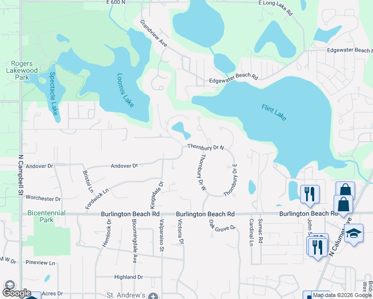 map of restaurants, bars, coffee shops, grocery stores, and more near 4401-4699 Thornbury Drive West in Valparaiso