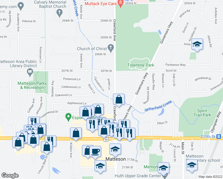 map of restaurants, bars, coffee shops, grocery stores, and more near 820 Carnation Lane in Matteson