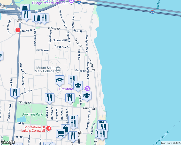 map of restaurants, bars, coffee shops, grocery stores, and more near 240 Montgomery Street in Newburgh