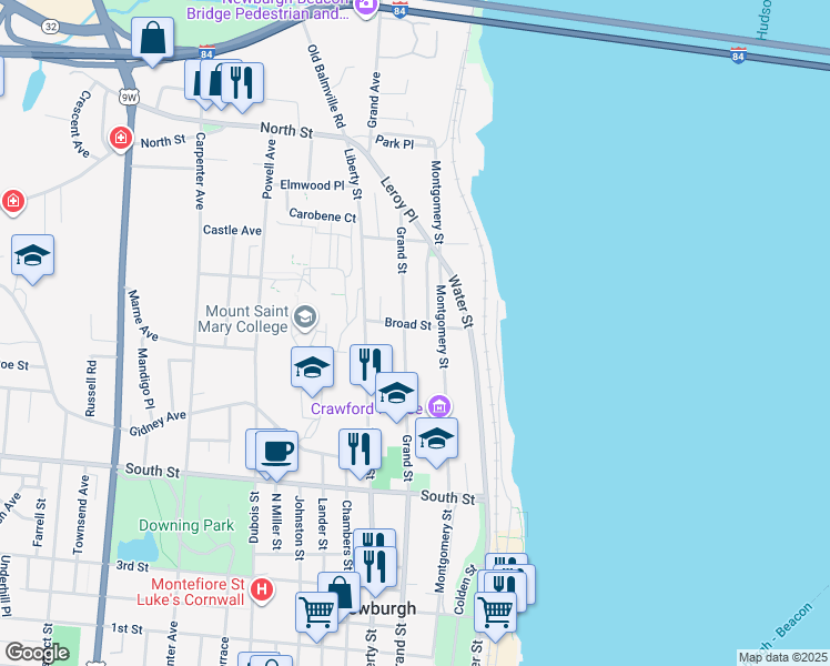 map of restaurants, bars, coffee shops, grocery stores, and more near 235 Montgomery Street in Newburgh