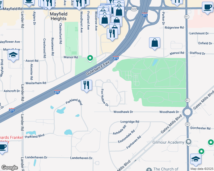 map of restaurants, bars, coffee shops, grocery stores, and more near 200 Fox Hollow Drive in Mayfield Heights