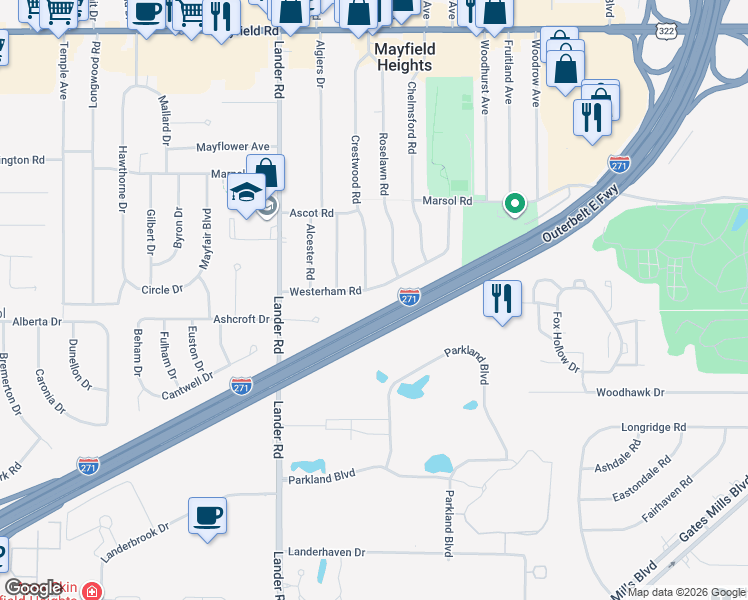 map of restaurants, bars, coffee shops, grocery stores, and more near 6114 Westerham Road in Mayfield Heights