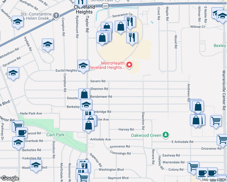 map of restaurants, bars, coffee shops, grocery stores, and more near 3563 Bendemeer Road in Cleveland Heights