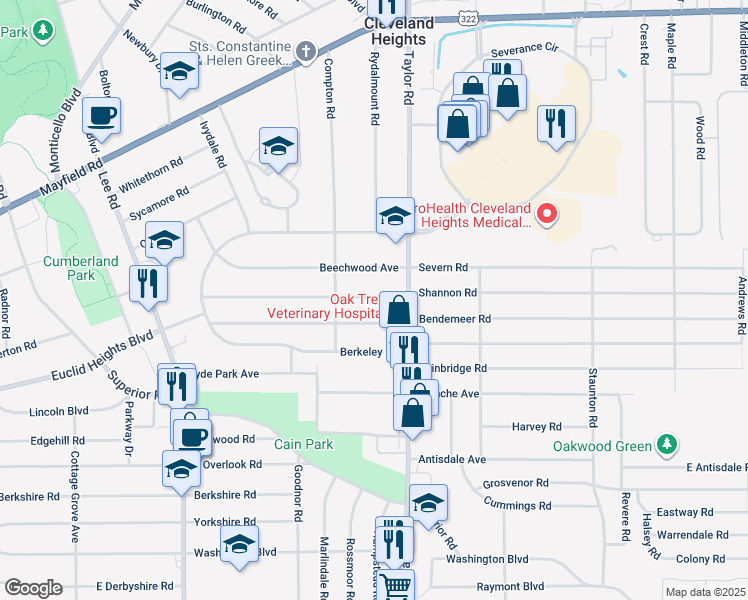 map of restaurants, bars, coffee shops, grocery stores, and more near 3405 Desota Avenue in Cleveland Heights