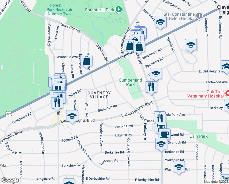 map of restaurants, bars, coffee shops, grocery stores, and more near 14334 Superior Road in Cleveland Heights