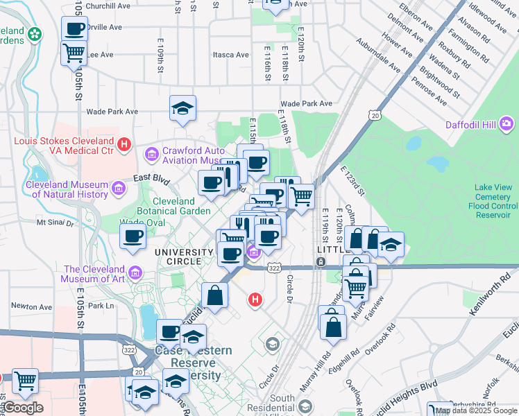 map of restaurants, bars, coffee shops, grocery stores, and more near 1716 East 115th Street in Cleveland