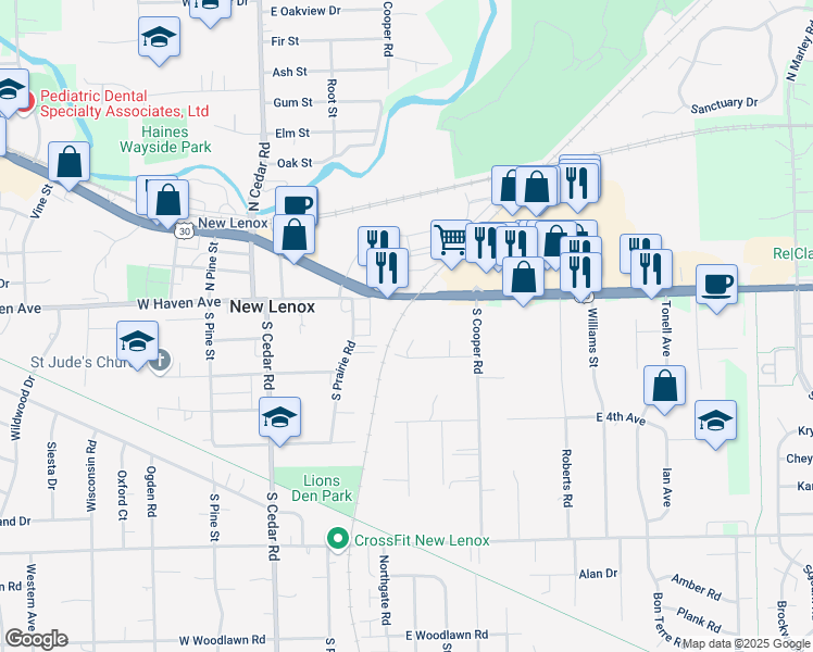 map of restaurants, bars, coffee shops, grocery stores, and more near 125 Twilight Lane in New Lenox