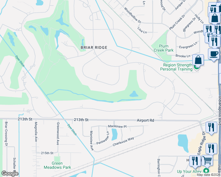 map of restaurants, bars, coffee shops, grocery stores, and more near 1437 Wilderness Drive in Schererville