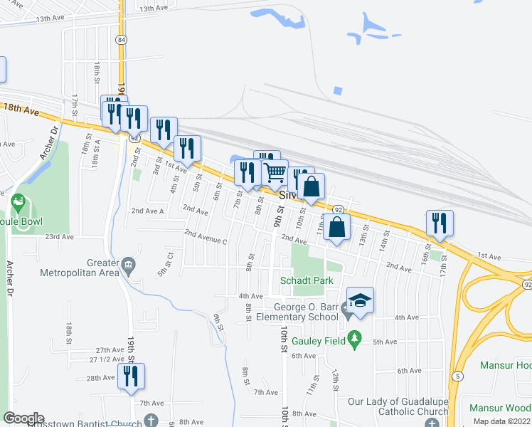map of restaurants, bars, coffee shops, grocery stores, and more near 127 8th Street in Silvis