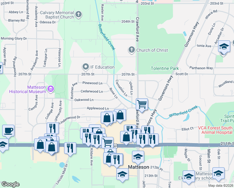 map of restaurants, bars, coffee shops, grocery stores, and more near 809 Rose Lane in Matteson