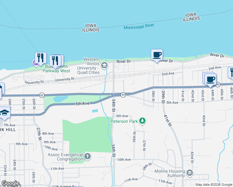 map of restaurants, bars, coffee shops, grocery stores, and more near 3400 4th Avenue in Moline
