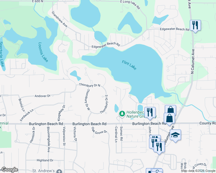map of restaurants, bars, coffee shops, grocery stores, and more near 4601-4799 Thornbury Dr E in Valparaiso