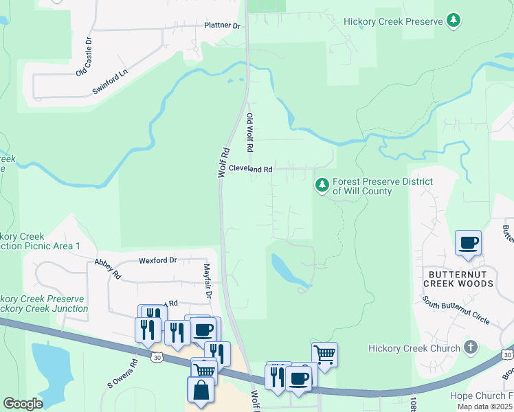 map of restaurants, bars, coffee shops, grocery stores, and more near 20752 Briarwood Lane in Mokena