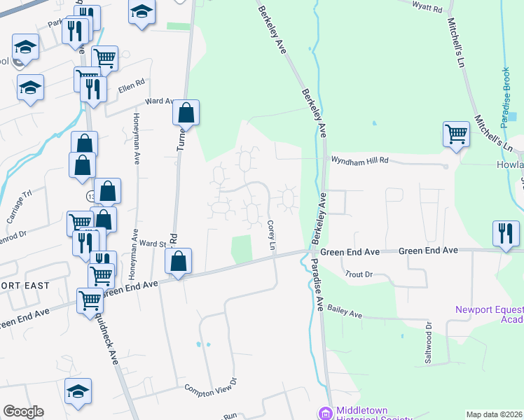 map of restaurants, bars, coffee shops, grocery stores, and more near 311 Corey Lane in Middletown