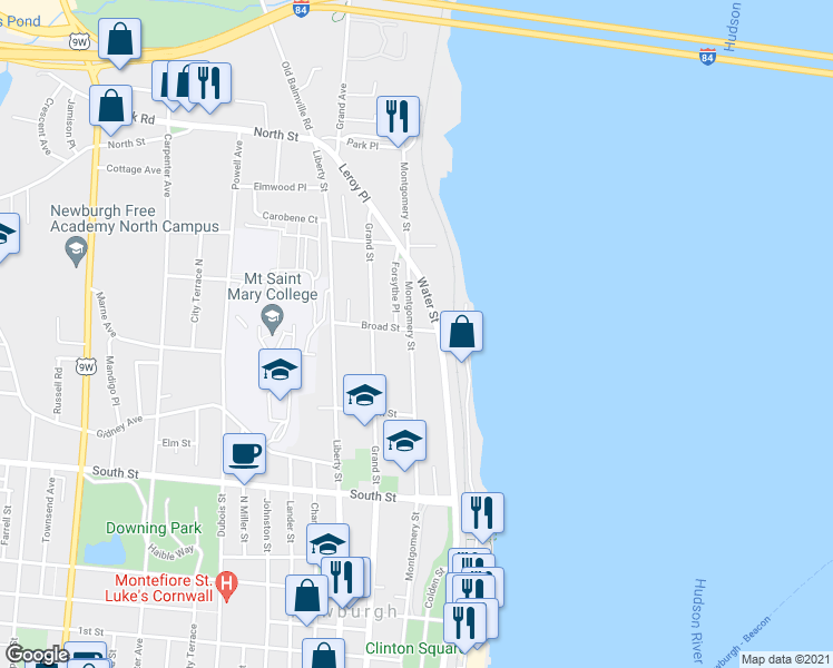 map of restaurants, bars, coffee shops, grocery stores, and more near 258 Montgomery Street in Newburgh