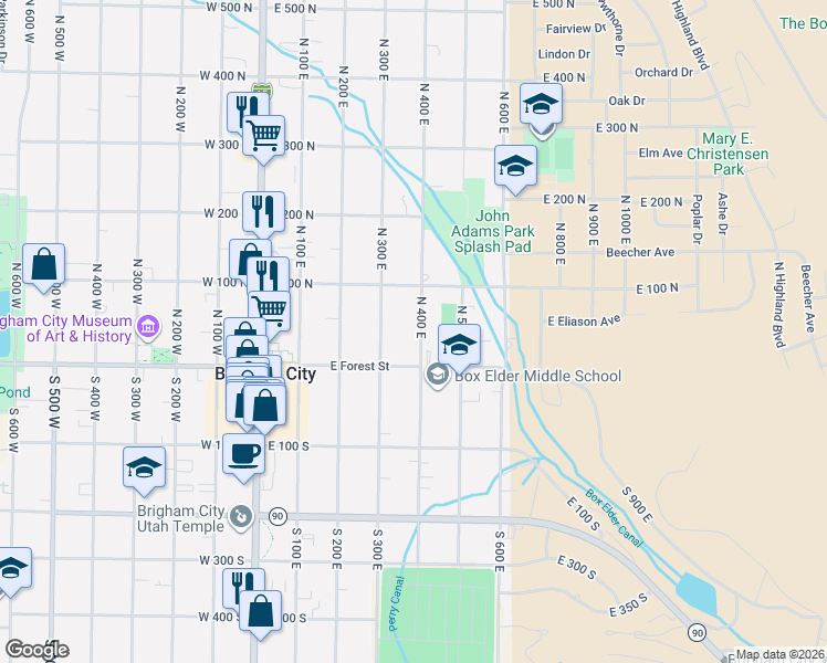 map of restaurants, bars, coffee shops, grocery stores, and more near 41 North 400 East in Brigham City