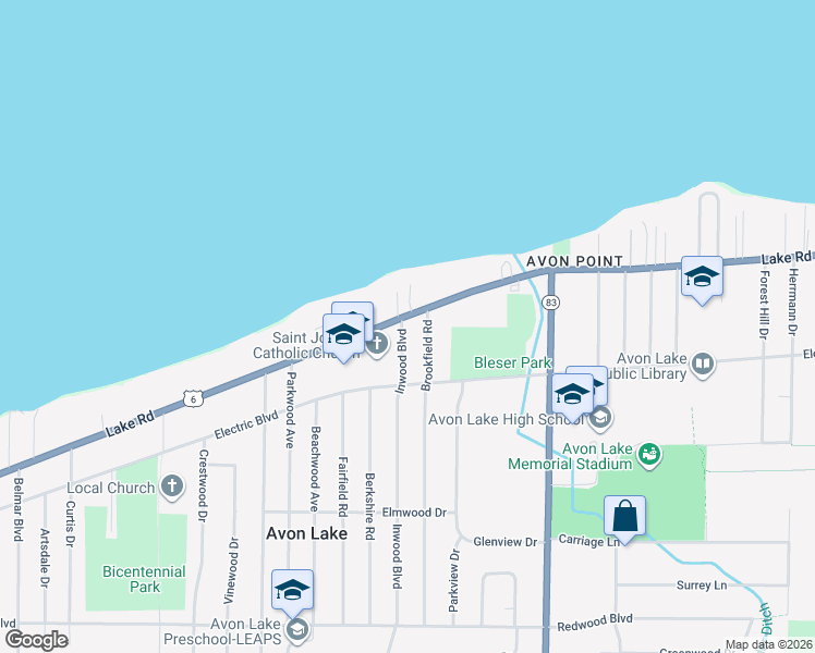 map of restaurants, bars, coffee shops, grocery stores, and more near 112 Inwood Boulevard in Avon Lake