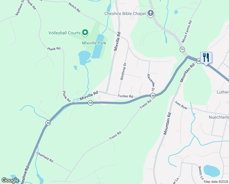 map of restaurants, bars, coffee shops, grocery stores, and more near 1153 Tucker Road in Cheshire