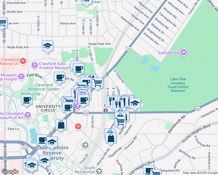 map of restaurants, bars, coffee shops, grocery stores, and more near 1913 East 119th Street in Cleveland